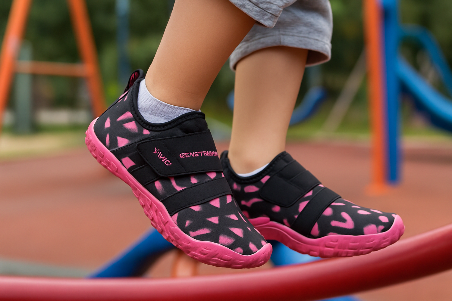 Niño jugando en el parque con zapatillas deportivas