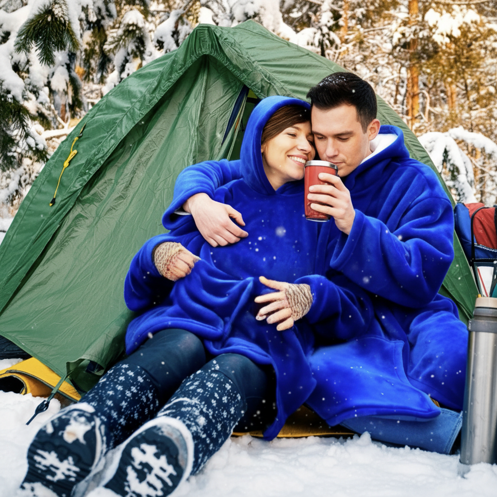 Pareja en camping con batas azules
